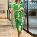 2024 Women Summer Casual Dress Short Sleeve Floral Print Dress Single Breasted Long Lace-up Dresses