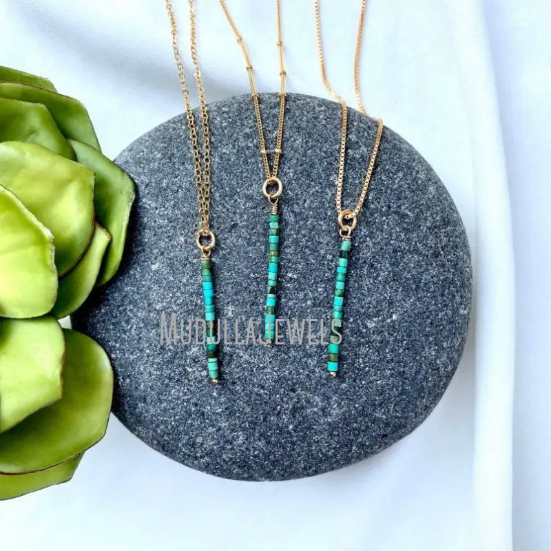 NM36605 Gold Dainty Real Turquoise Necklace Raw Turquoise Bar Pendant Gemstone Stick December Birthstone Beaded Pendant Gift