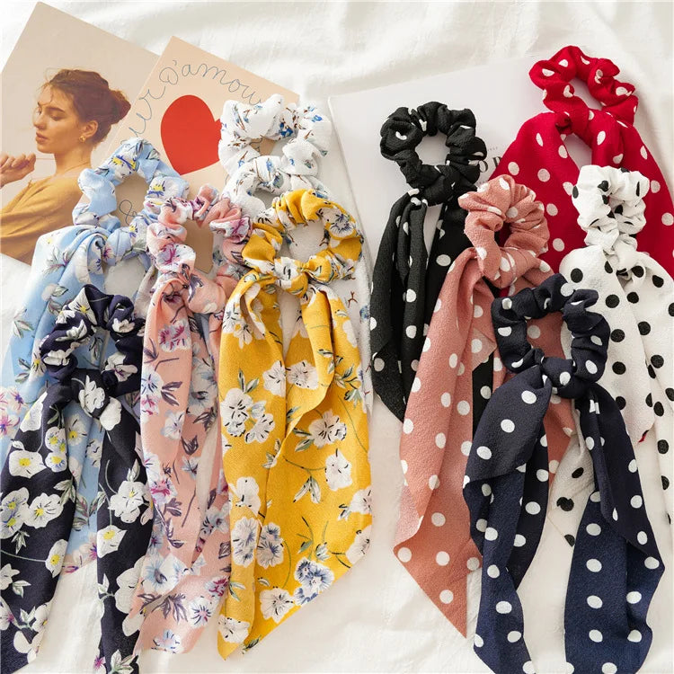 Custom Long Hair Scrunchies Scarf for Women Multiple Print Ties With Knot Floral Design Fashionable Cloth Hair Ties