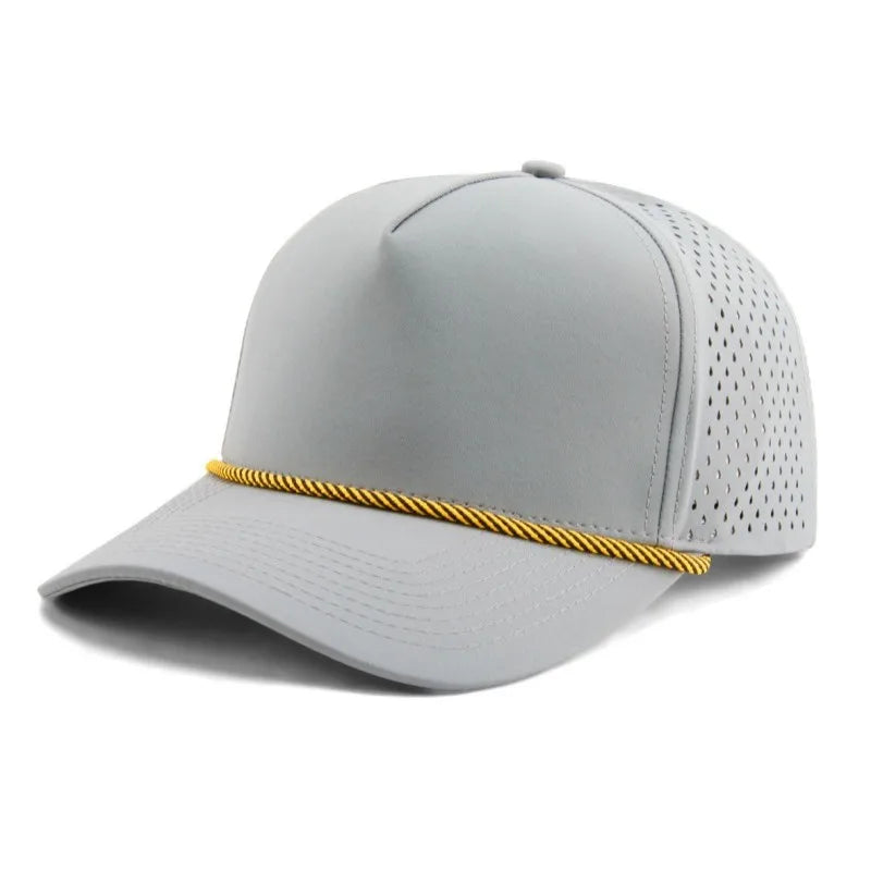 Custom Golf Hat 5 Panel Waterproof Laser Cut Hole Perforated Rubber Patch Logo Baseball Caps With Rope