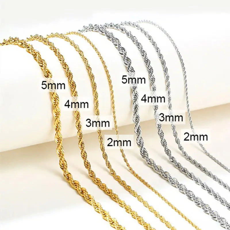 Wholesale Custom 2mm 4mm 5mm Jewelry Manufacturer Stainless Steel Titanium 14k 18k Gold Plated Rope Gold Chain Necklace for Men