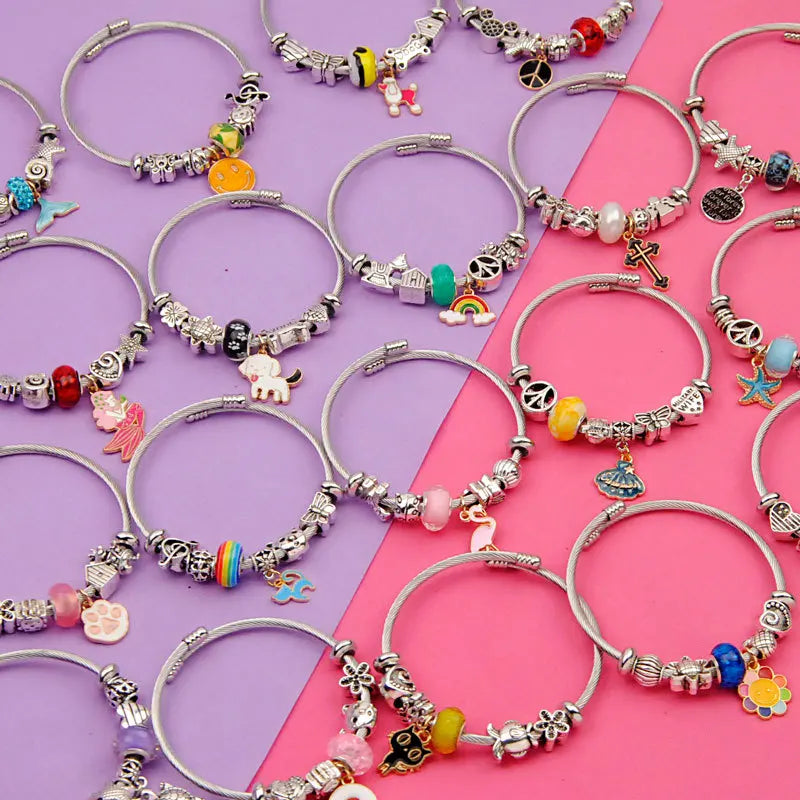 23 Style New Women Stainless Steel Coil Steel Wire Wristband Twist Adjustable Bracelet Glass Beads Flamingo love Charm Bracelet