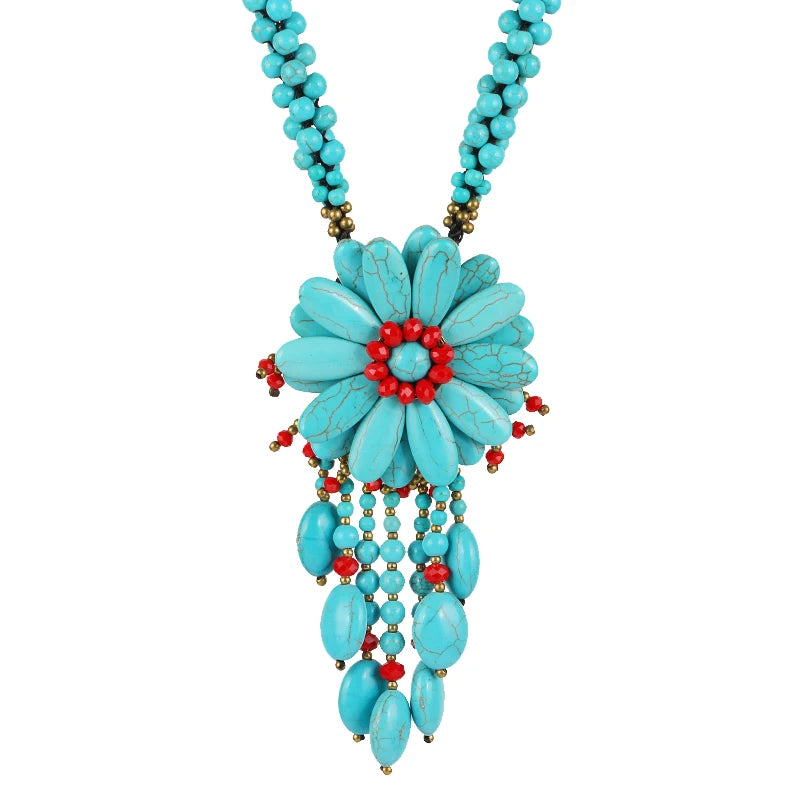 Exaggerated Turquoise Blue Flower Necklace High-End Bohemian Handcrafted Design Wedding Party Accessory Gift with Wax Cord