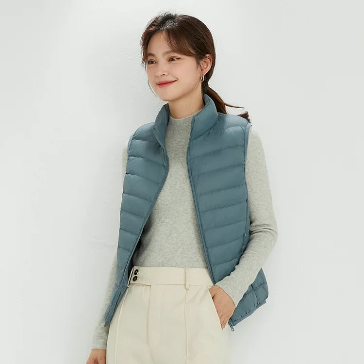 Zipper up Stand Collar Plus Size Premium 90% White Duck Down Vest Lightweight Women's Puffer Vest