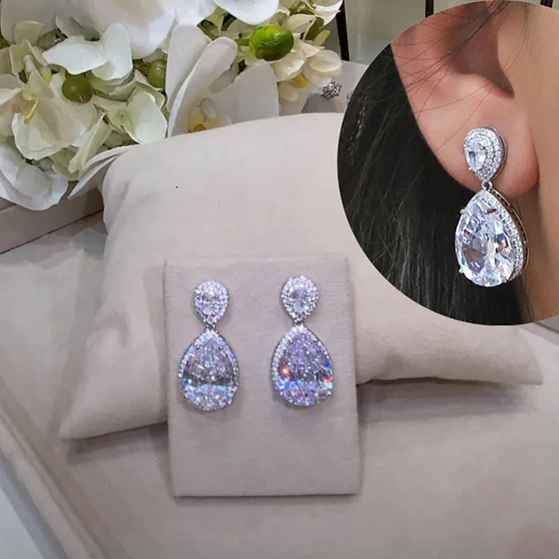 CAOSHI Creative Water Drop Design Sparkling Zircon Dangle Earrings for Women Wedding Engagement Silver Plated CZ Drop Earrings