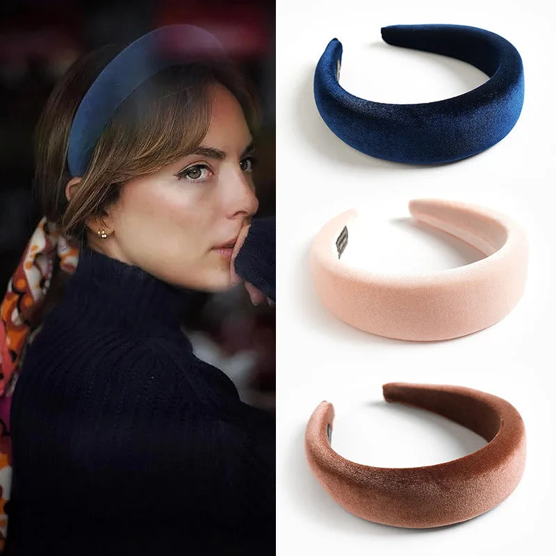 Gold Velvet Sponge Headband Autumn and Winter Thickened Flannel Black Street Style Solid Color Hair Holder 16x18x4.5cm for Women