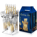 24Pcs Luxury Two Tone Stainless Steel Cutlery Set With Stand Gold Silver Textured Handle Flatware Hanging Rack for Wedding