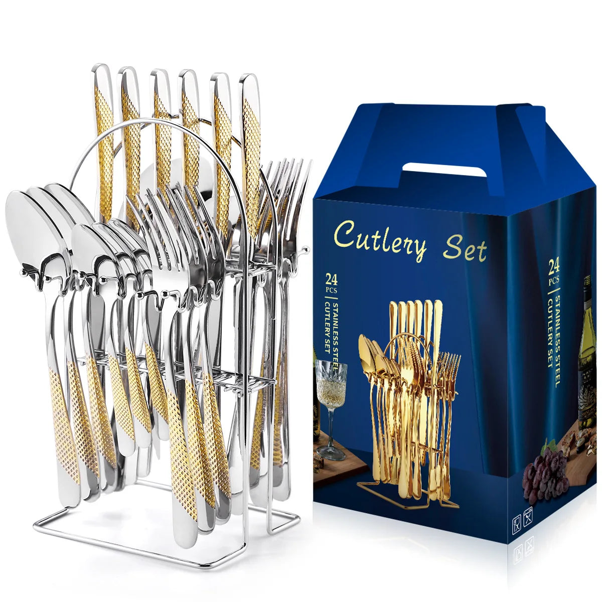 24Pcs Luxury Two Tone Stainless Steel Cutlery Set With Stand Gold Silver Textured Handle Flatware Hanging Rack for Wedding