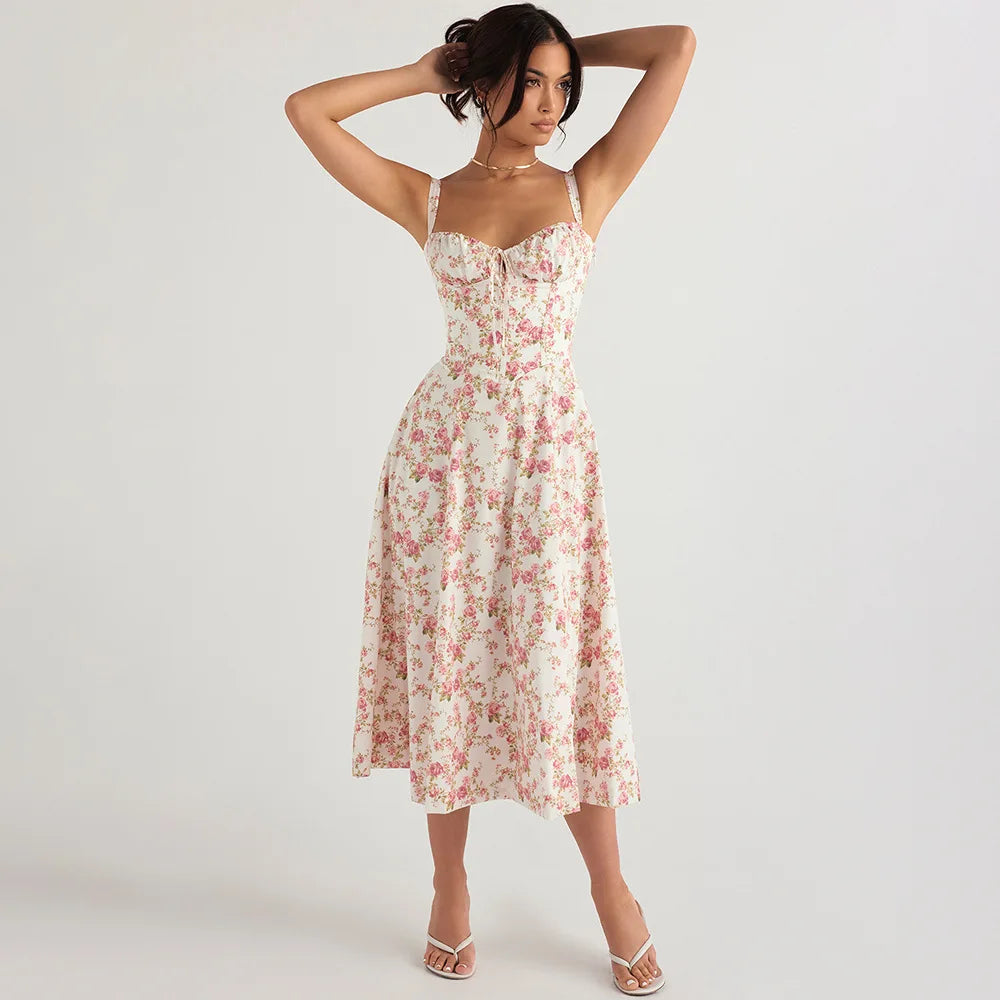 Square Necked Backless Long Sleeved Mesh Printed Dress Sexy Tight Fitting Buttocks Wrapped Mid Length Skirt