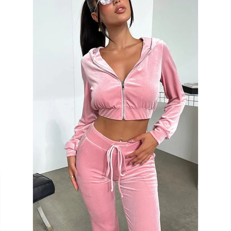 Custom Puff Printing Tracksuit Velour Tracksuit 2 Piece Cropped Zip up Hoodie and Pants Set for Women