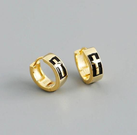 High Quality Geometric Design Fashion 18k Gold Plated S925 Sterling Silver Jewelry Enamel Cross Hoop Earrings for Women