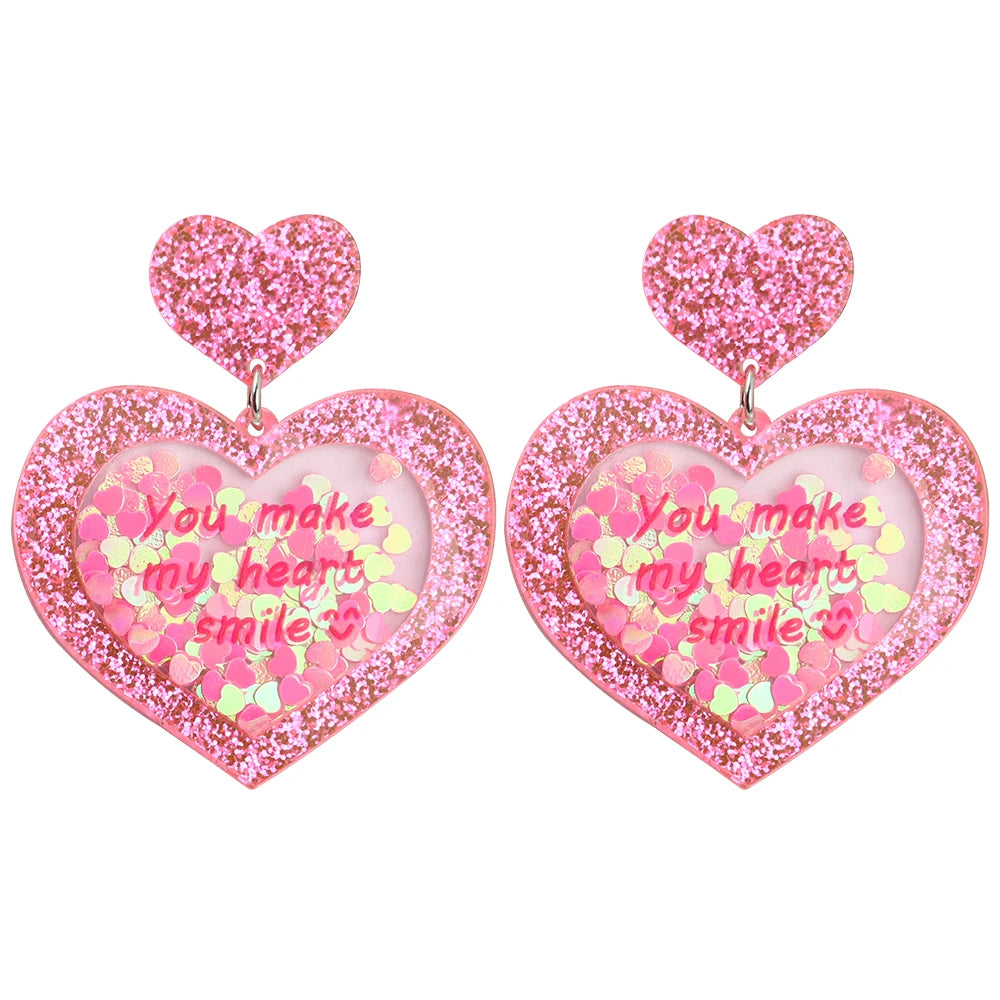Romantic Fashion Sweet Dating Heart Earrings Trendy Love Quicksand Flexible Love Letter Sequins Acrylic Women's Pink