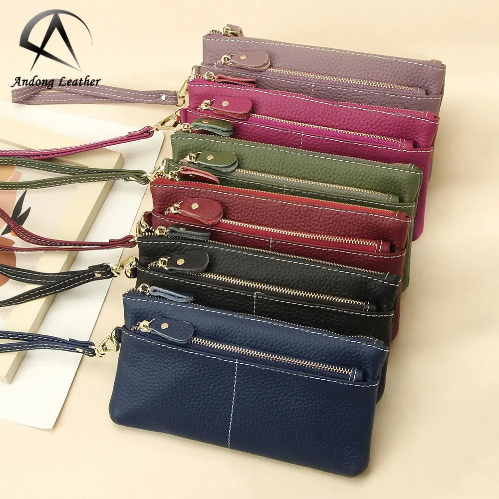 Andong Leather Clutch Bag for Women Long Zipper Wallet Genuine Cow Leather Purse Card Holder Phone Bag Simple Fashion 1066