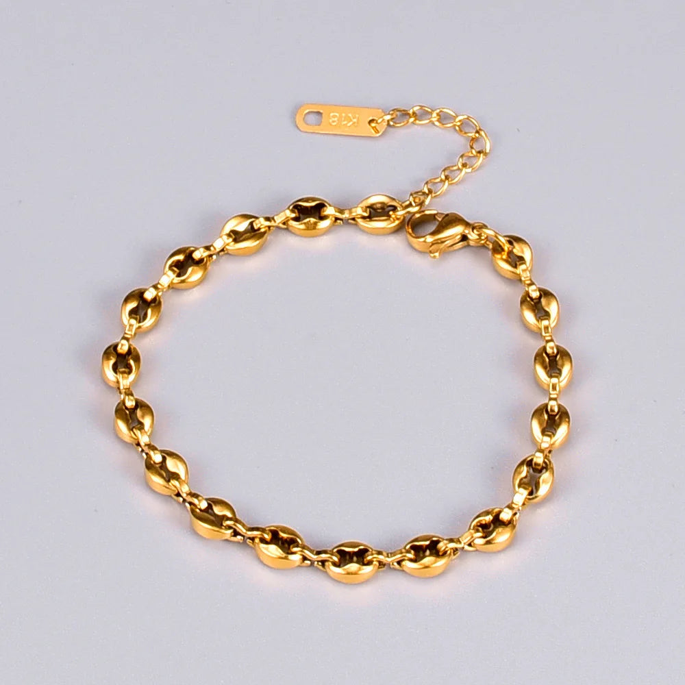 Minimalist Stainless Steel 18K Gold Plated 4*6mm Coffee Bean Chain Bracelet for Valentine's Day Gift