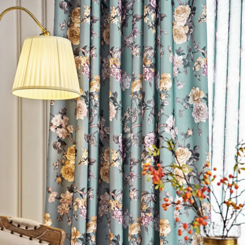 Hot Sale New American Countryside Style Printed Blue Floral Curtains for Living Room and Bedroom