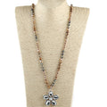 New Style Women Bohemian Jewelry 6mm Amazonite Natural Stone Crystal Glass Necklace Alloy Crystal Flower Pendant Necklace