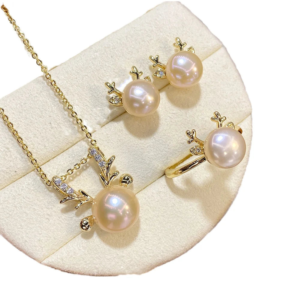 Fashion Design Zircon Deer Horn Natural Freshwater Pink Pearl Jewelry Set Pearl Necklace Earrings Ring Jewellery Set for Women