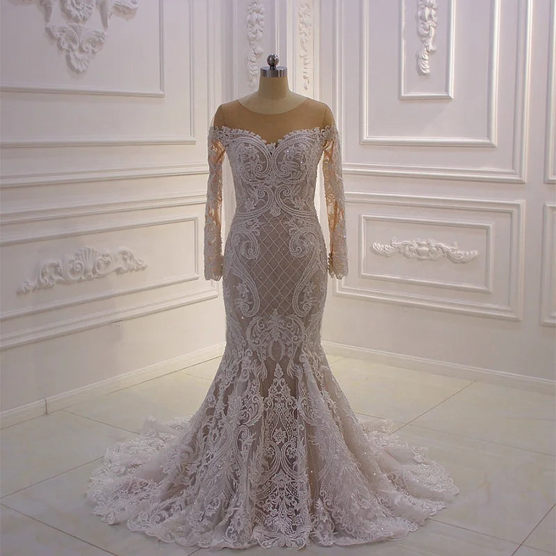 Jancember 430 Lace Fabric Embroidered Long Sleeve Sexy White Bridal Mermaid Wedding Dress