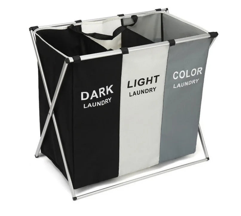 2-3 Section Foldable Laundry Cloth Hamper Sorter Basket Bin Washing Storage Dirty Clothes Bag with Aluminum Frame Bathroom Use