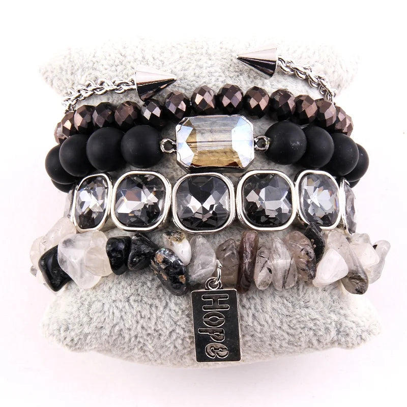 Women Bohemian Custom Jewelry Chip Stone Crystal Natural Stone Bracelet Open CZ Cuff Nail Words Bangle Hope Stack Bracelets Sets