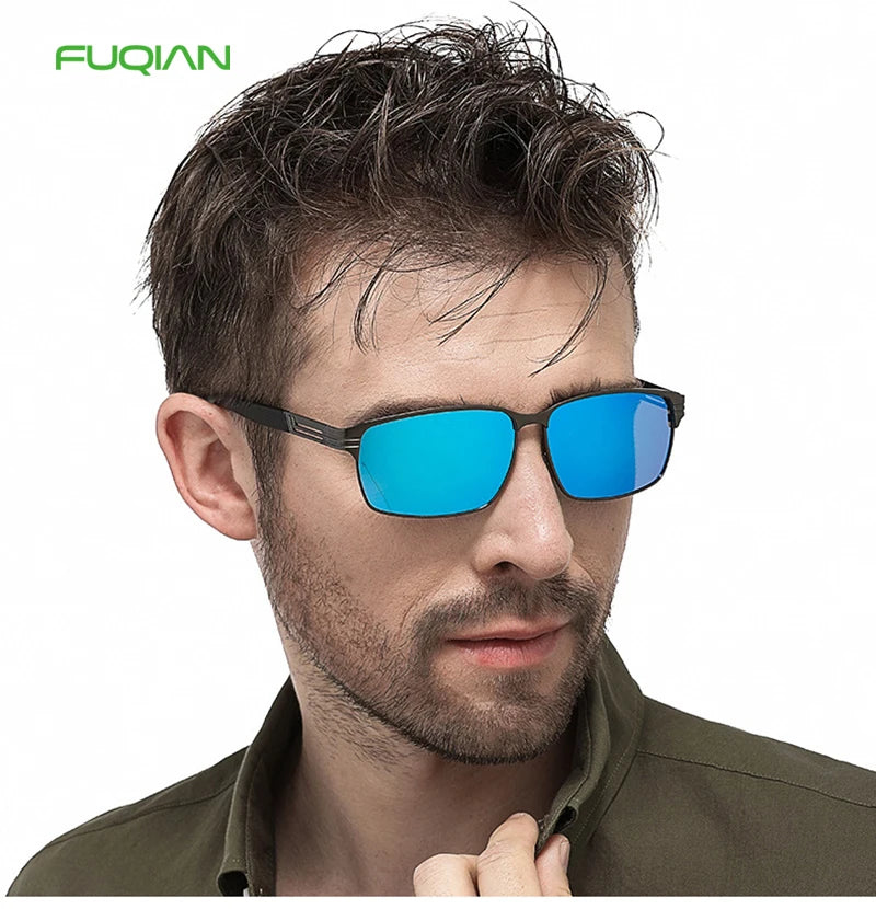 New Hot Classic Square Polarized Sunglasses for Men Gold and Gray Frame Blue Mirror Driving Glasses