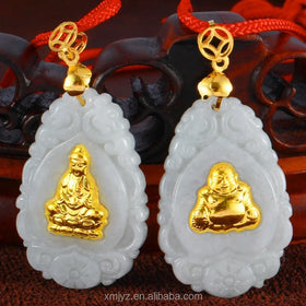 Certified Gold Inlaid Pure Gold Inlaid With Natural Jade Cargo Jade Guanyin Buddha Jade Pendant Men and Women Couples Pendants