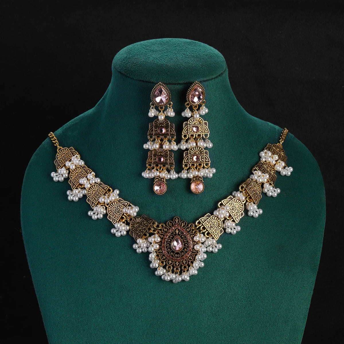 Afghan Vintage Tribal Gold Retro Ethnic Crystal Necklace Party Jewelry Set Indian Vintage Long Tassel Stud Earring