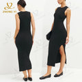 Clothing Factory Wholesale Custom Solid Color Sleeveless Elegant Casual Ladies Forking Sexy Formal Knit Sweater Women Dress