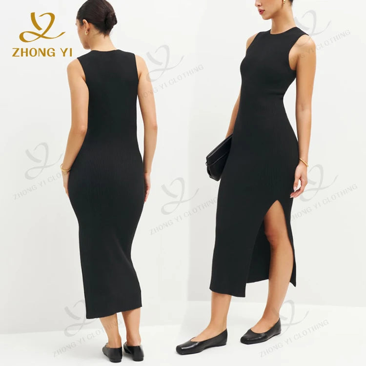 Clothing Factory Wholesale Custom Solid Color Sleeveless Elegant Casual Ladies Forking Sexy Formal Knit Sweater Women Dress