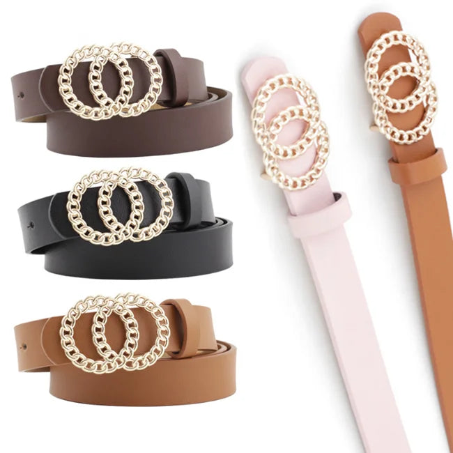 Selfhood Fashionable Ladies Stylish Waist Accent Women's All-Match Faux Leather Belt With Double Chain Ring Buckle