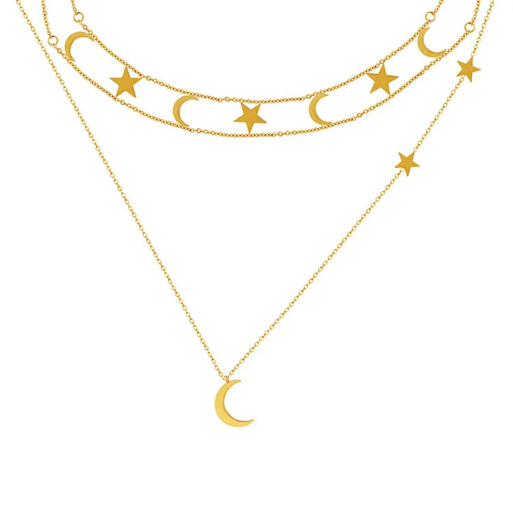 Popular Three Layer Chain Necklace Gold Plated Moon Star Charm Necklaces for Women