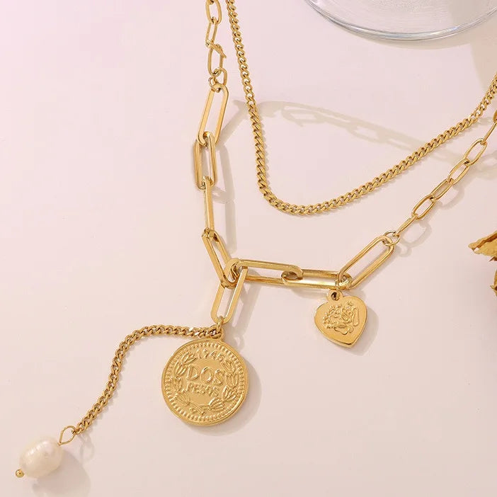 Punk Multi Layered Pearl Choker Necklace Coin Heart Pendant Necklace Women Wholesale Jewelry