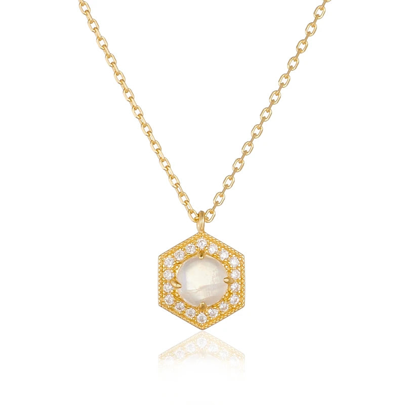 Popular Jewelry Simple Ins 14K Gold Plated Hexagon Natural Moonstone Pendant CZ Silver Sterling 925 Oval Link Chain Necklace