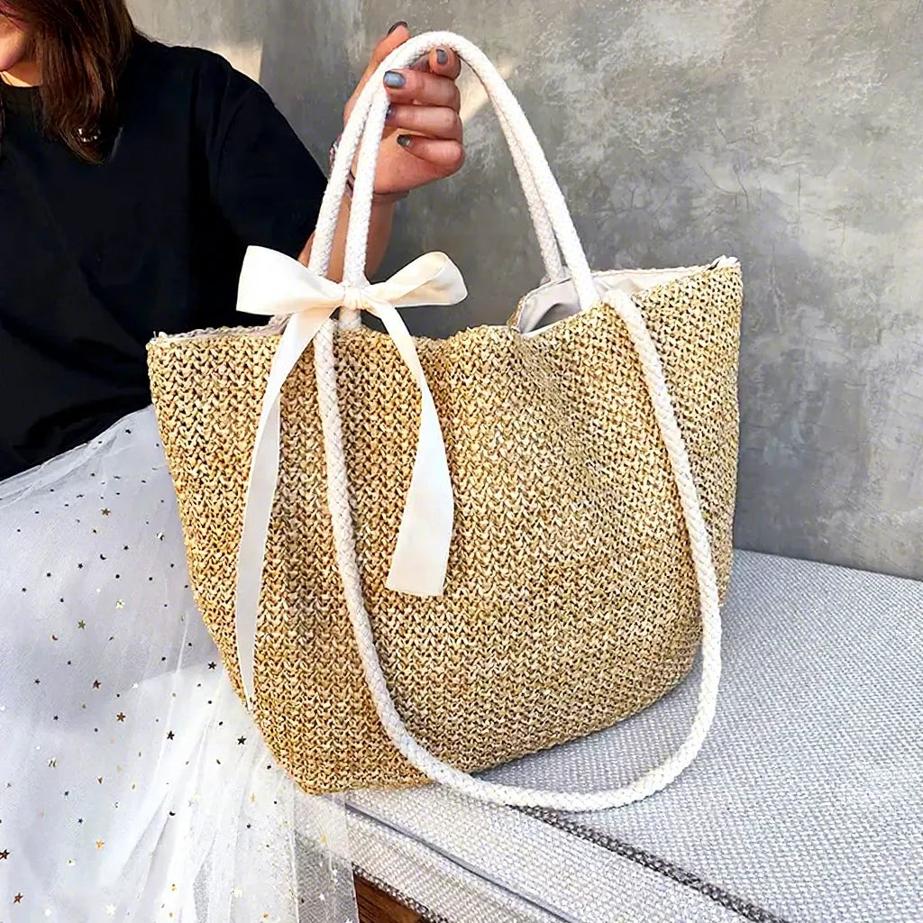 Luxury Women's Solid Color Straw Beach Bag Large Capacity Zipper Closure Eco-Friendly for Travel Shopping