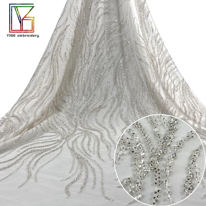 New Luxury French Embroidery Heavy Beads With Sequins Lace White Bridal Tulle Wedding Dress Beaded Fabric