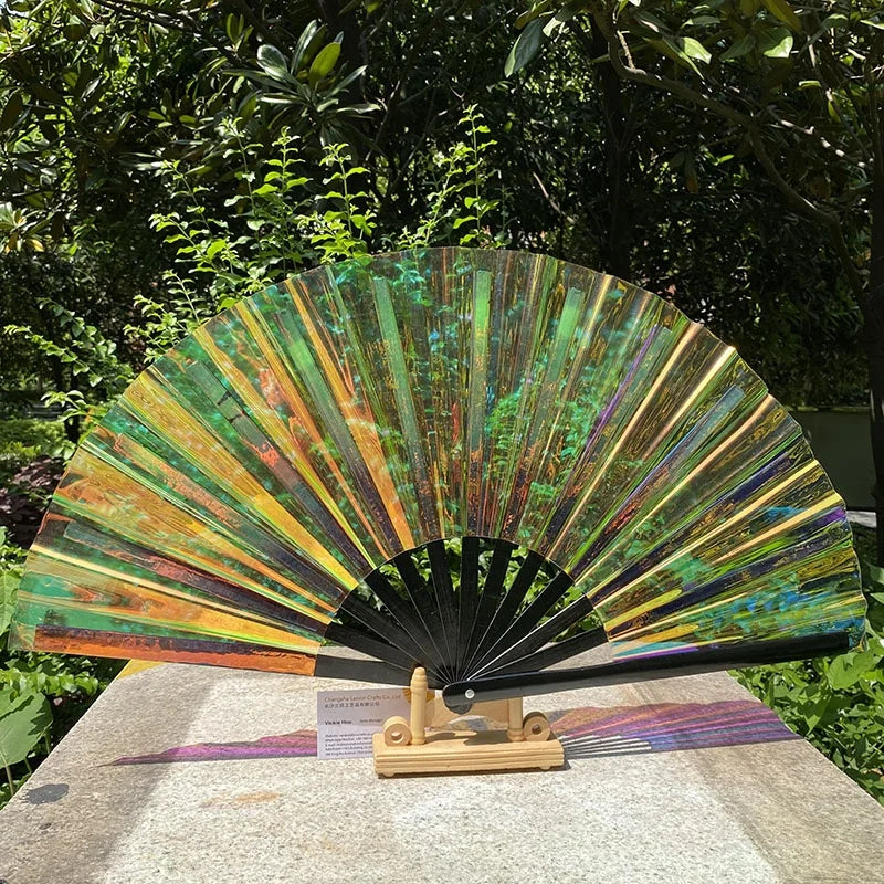 Wholesale 13 Inch Large Bamboo Folding Hand Fan Custom Printed LOGO and Holographic Rave Design for Music and Advertising