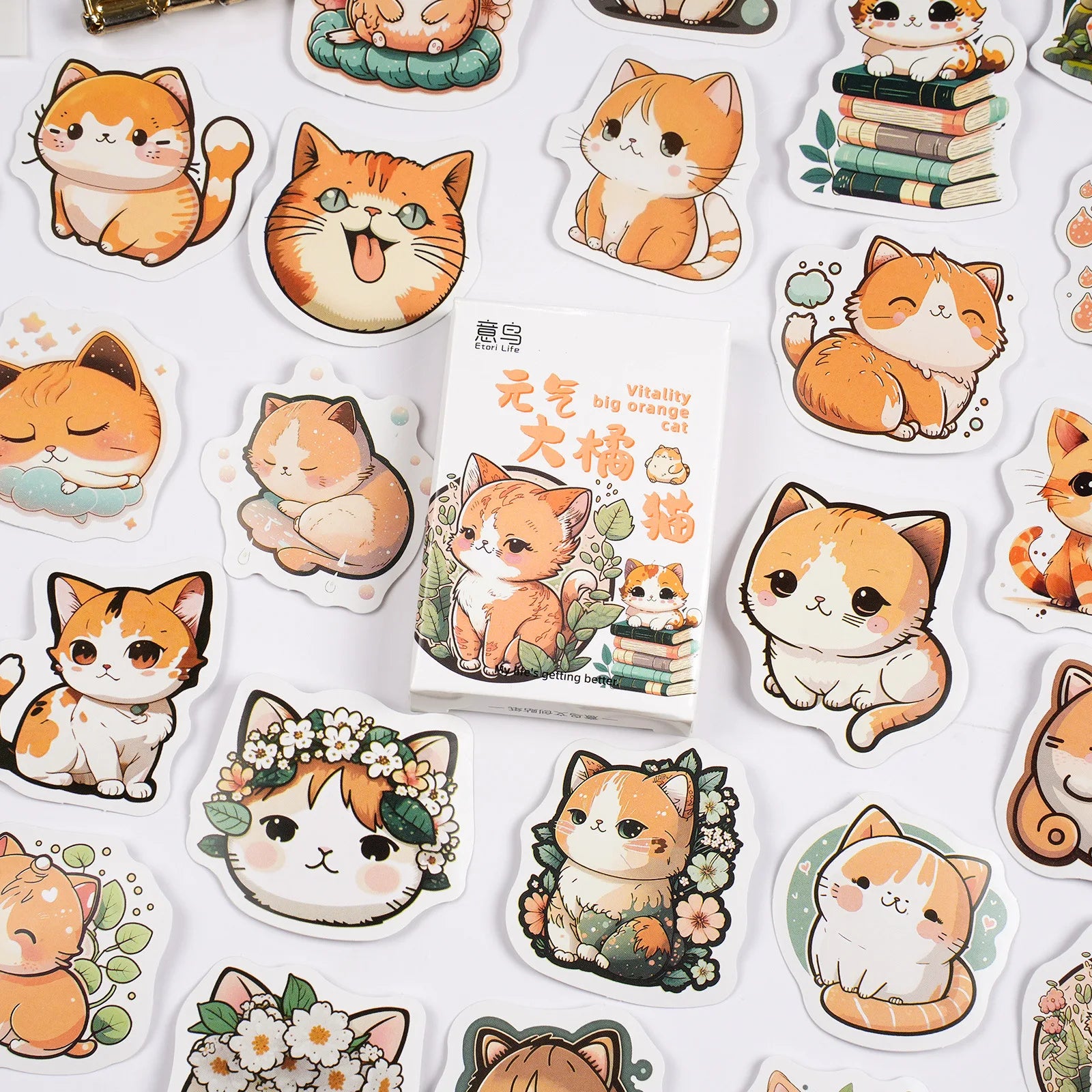 30 Pieces/box of Self-adhesive Box Stickers Energetic Orange Cat Cat Themed Tent Decoration Materials