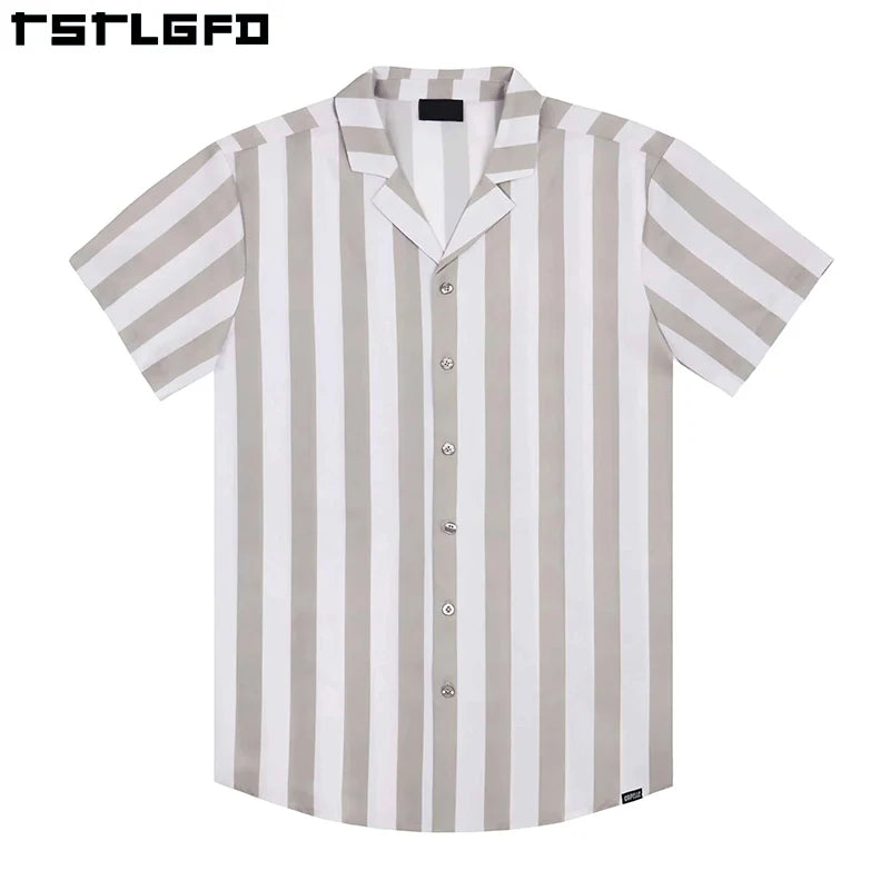 Wholesale Customized Men's Summer Hawaiian Beach Sublimation Vintage Print Stripe Plain Collar Summer Shirt