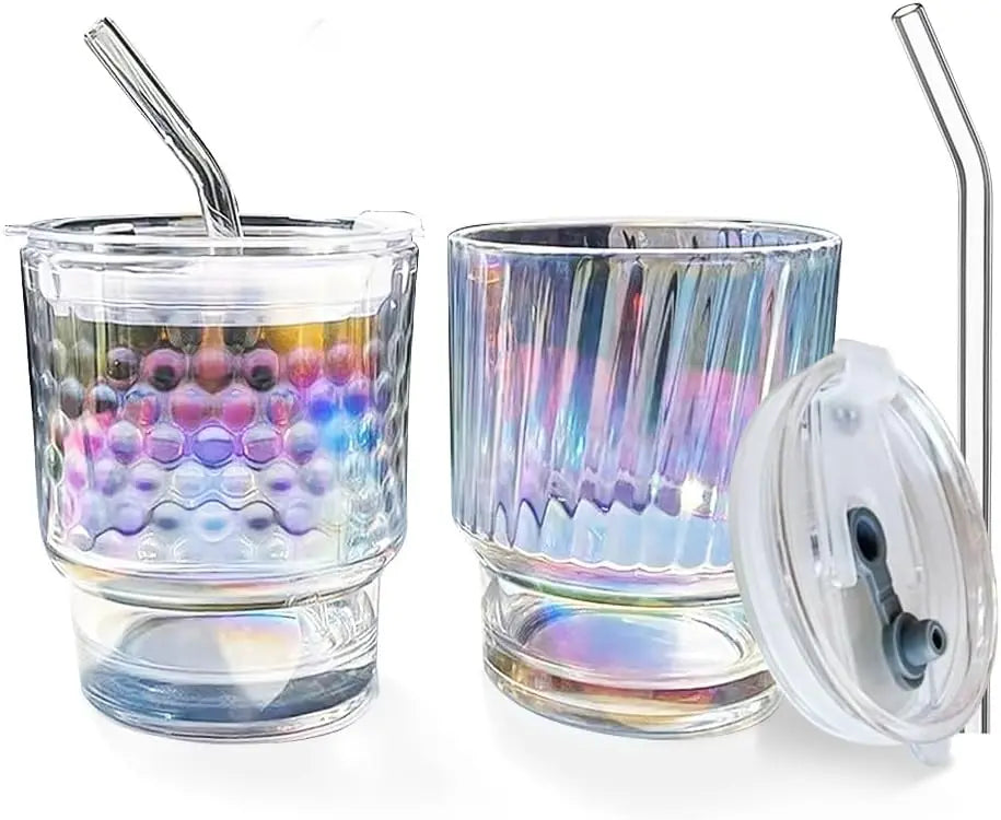 400ml Glass Tumbler Colorful Glass Coffee Cup With Lid and Straw Modern Design Drinking Glass Cup