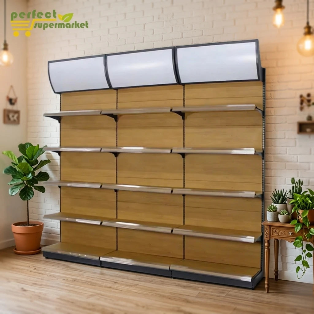 Factory Custom Metallic Heavy Duty Supermarket Shelf Grocery Shelves Wood Grain Style Display Stand