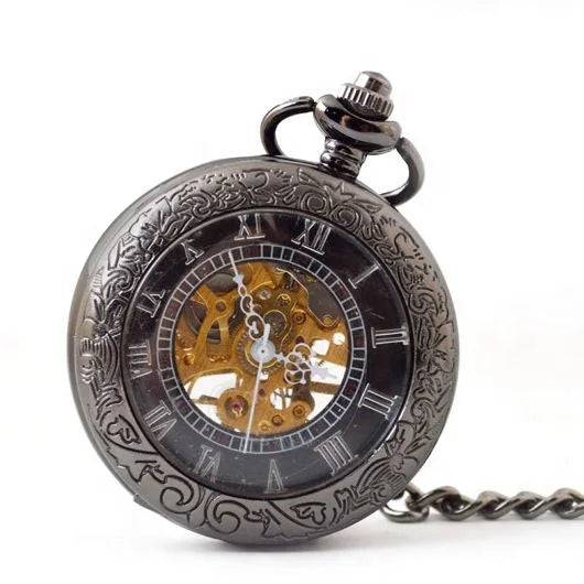 Antique Skeleton Black Mechanical Watches Hand Winding Retro Roman Pocket Watch