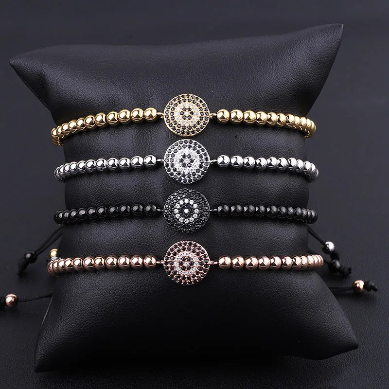 New Arrived Hot Selling Stainless Steel Beads CZ Pave Round Eye Charm Adjustable Bracelet for Men Women