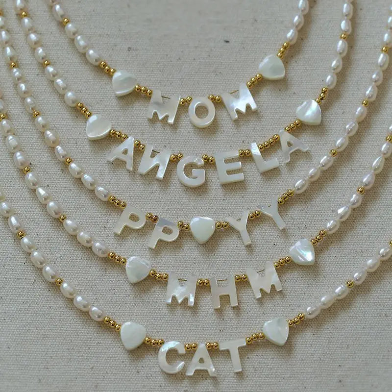 Personalized Custom Letter Name Necklace Bohemian Natural White Mother Pearl Minimalist Freshwater Pearl 26 Letter Pendant Gift