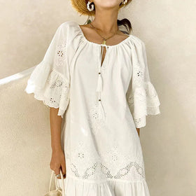 2023 Summer New Elegant Short Skirt Tassel Loose Dress Embroidery Ruffle Short Sleeve Dress Holiday