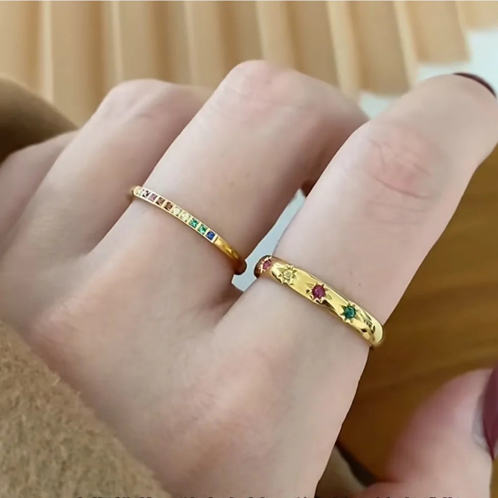 Bling 18K Gold Plated Stainless Steel Sun Zircon Rings for Women Best Friiend Gift Tennis Zircon Ring