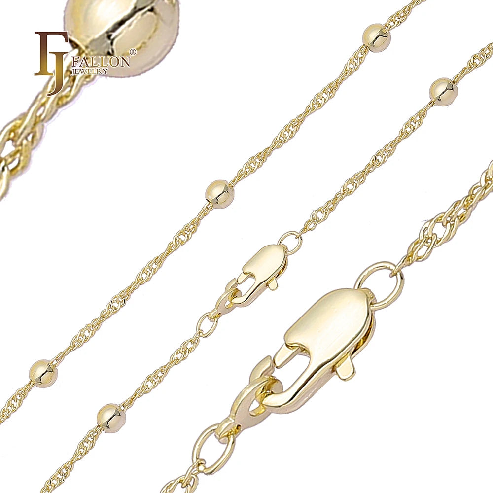 FJ Fallon Fashion Jewelry Round Beads Singapore Link Chain Plated in 14K Gold Brass Based
