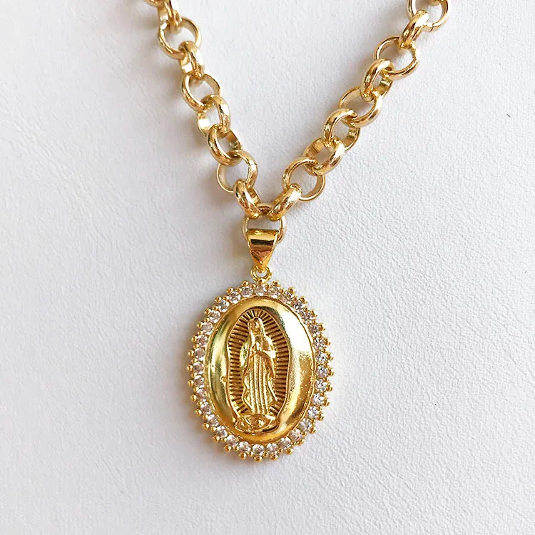 NZ1056 CZ Micro Pave Virgin Mary Necklace & Chain Gold Plated Women/Men Christian Jewelry Medal Pendant Necklace MegaBDM