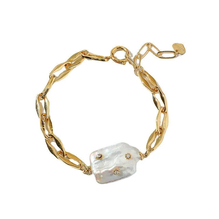SP Baroque Freshwater Pearl Bracelet Mini Zircon Inlaid Crystal  Pearl Pendant Gold Plated Chain Bracelet