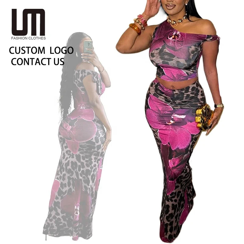 Custom Newest Women Skirt - Floral Leopard Print Crop Top + Long Skirt Suit Beach Party Wear Summer Fashion