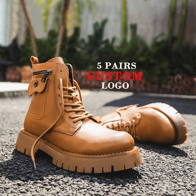 Men's Retro High Top Leather Zip Ankle Boots Winter Hiking Football Riding Motorcycle Shoes Western Desert Soft